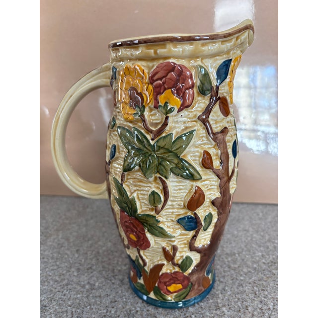 Tan Vintage 1960s Staffordshire Indian Tree Design Majolica Pottery Pitcher Bowl Signed H J Wood MCM For Sale - Image 8 of 15