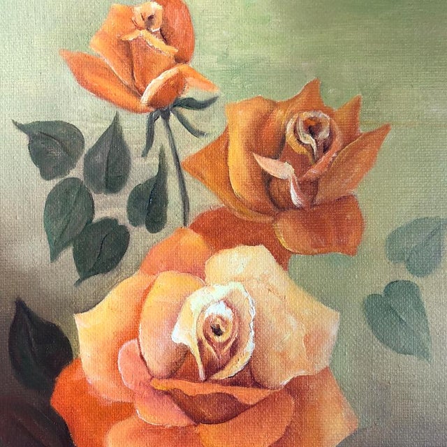 American Oil on Canvas Floral Rose Painting Green Background Orange Roses Gilt Wood Frame For Sale - Image 3 of 5