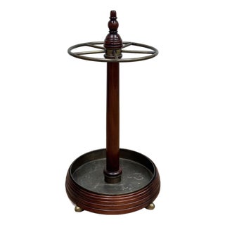 Vintage English Edwardian Style Round Wood and Brass Umbrella Stand For Sale