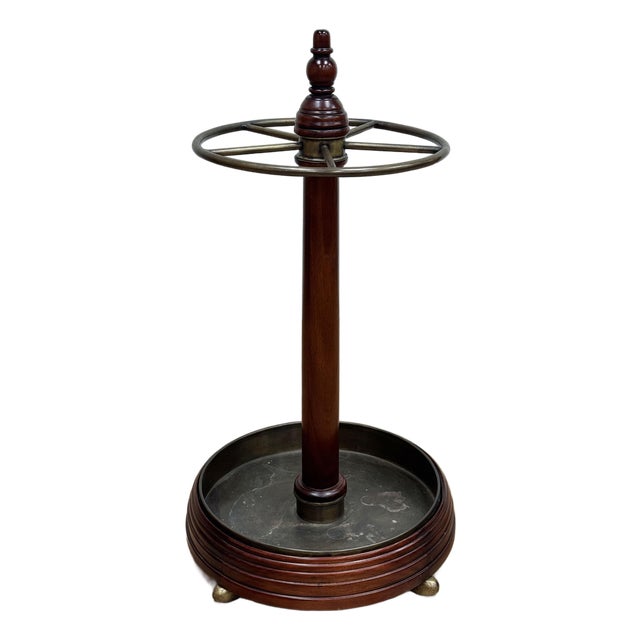 Vintage English Edwardian Style Round Wood and Brass Umbrella Stand For Sale