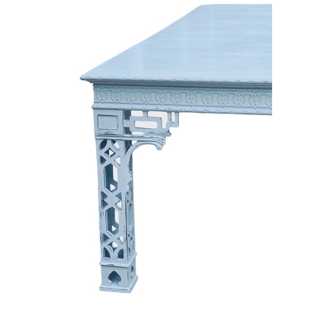 Blue 1960s Chinese Chippendale Table Lattice Legs Painted Pale Blue For Sale - Image 8 of 11