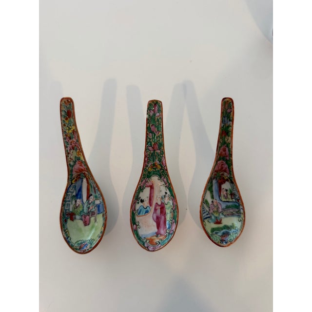 This is a collection of 3 antique Famille Rose Medallion pattern soup spoons. The spoons are hand-painted with a central...