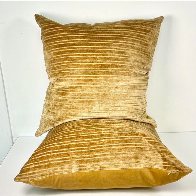Textile Vintage Boho Chic Contemporary Carmel Velour Striped Decorative Pillows - Set of 2. For Sale - Image 7 of 11