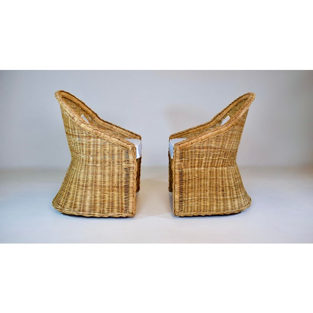 Coastal Braided Wicker Rattan Chairs After Michael Taylor Blue & White Stripes Upholstery For Sale - Image 9 of 13