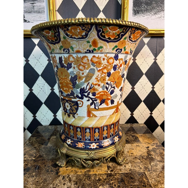 Japanese Large Japanese Imari Porcelain Vases With Bronze Mounts - Vintage Pair Indoor Outdoor Planters For Sale - Image 3 of 14