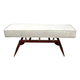 Late 20th Century Gio Ponti Style Italian Modern Bench With Sculptural Wood Base and Brass Accents For Sale
