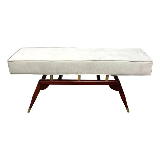 Late 20th Century Gio Ponti Style Italian Modern Bench With Sculptural Wood Base and Brass Accents For Sale