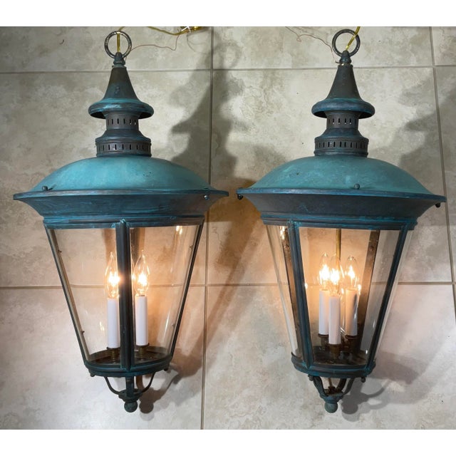 Timeless Elegance: Pair of Antique Verdigris Brass Hanging Lanterns-26”h X 15”w For Sale - Image 10 of 12