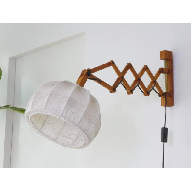 Vintage Scandinavian Extendable Accordion Wooden Lamp with Fabric Shade, 1970s, in Very Good conditions. Designed 1970 to...