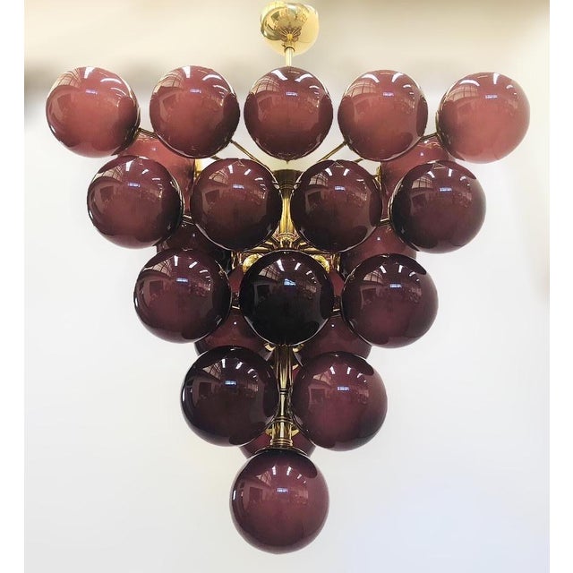 Italian chandelier with frosted amethyst Murano glass globes mounted on polished brass finish frame / Made in Italy by...