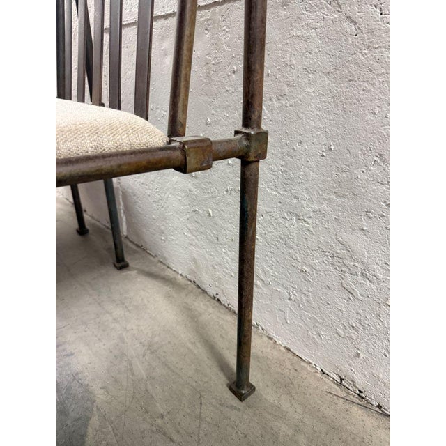 Pair Antique Chairs with Holly Hunt Upholstery A fabulous statement pair of iron side chairs. Featuring vertical slat...