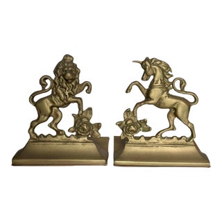 Antique Lion and Unicorn Brass Bookends- Set of 2 For Sale