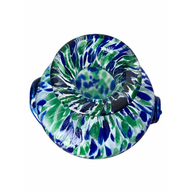 Blue and Green Spatter Art Glass Vase With Cobalt Scroll Handles For Sale In Las Vegas - Image 6 of 15