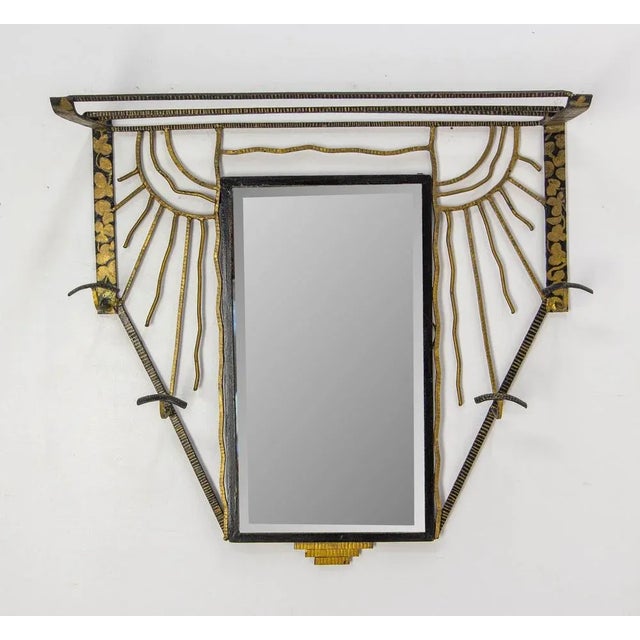 Antique original French coat, hat and umbrella rack hall stand Wrough iron glass and beveled mirror Decorated with leaves,...