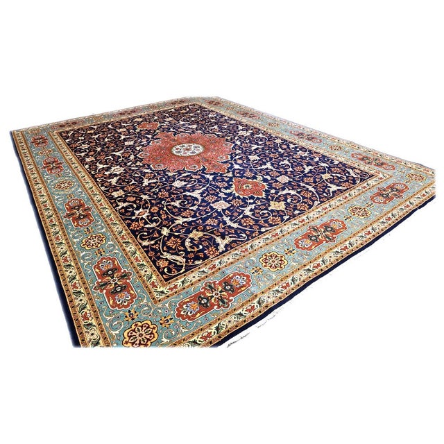 Persian Antique Persian Tabriz Wool 10X13 Navy, Orange & Teal Handmade Area Rug #9902146 For Sale - Image 3 of 7