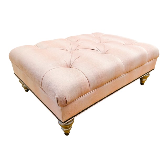 Ethan Allen Custom Tufted Pink Textured Ottoman With Nailhead Trim For Sale