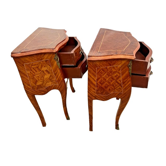 Antique Pair of French Nightstand Tables, Two Drawers, Inlays, Brass Ormolu For Sale - Image 4 of 11
