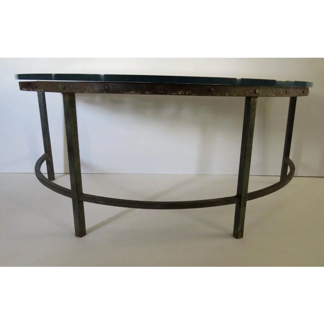 Late 19th Century Demilune Coffee Table Made from Architectural Wrought Iron Transom Old Paint For Sale - Image 5 of 7