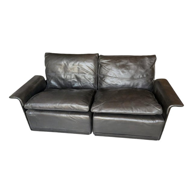 Sofa in Black Leather by Dieter Rams for Vitsoe, 1970s For Sale