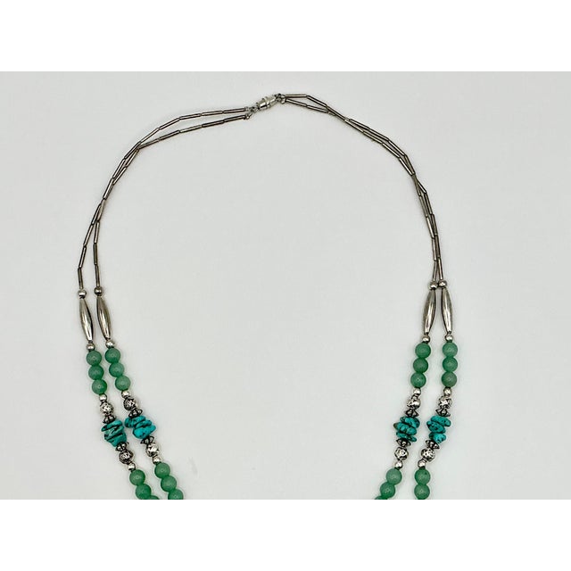 Mexican 1970s Vintage Southwestern Mexican Boho Chic Double Strand Sterling, Turquoise & Jade Necklace For Sale - Image 3 of 18