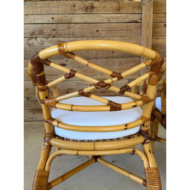 Mid-Century Rattan Barrel Lounge Chairs With New Sunbrella Cushions-Pair For Sale - Image 9 of 12