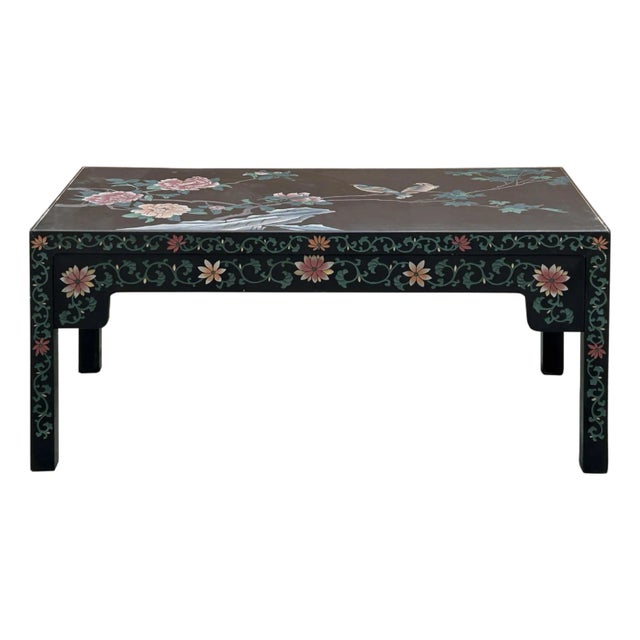 1970s Chinese Black Lacquer Flower Birds Graphic Rectangular Low Coffee Table For Sale