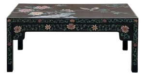 1970s Chinese Black Lacquer Flower Birds Graphic Rectangular Low Coffee Table