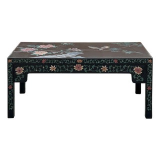 Chinese Black Lacquer Flower Birds Graphic Rectangular Low Coffee Table For Sale
