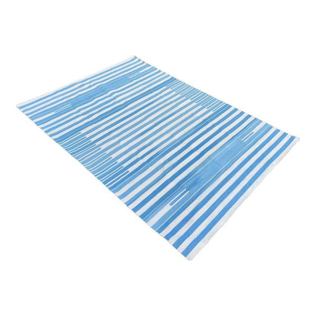 Handmade Cotton Natural Vegetable Dyed Area Rug, Sky Blue and White Striped Dhurrie-5'x7' For Sale