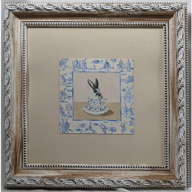 English Late 20th Century Kari Phillips Teacup Bunny Series Framed Prints, White, Blue & Light Brown – Pair For Sale - Image 3 of 13