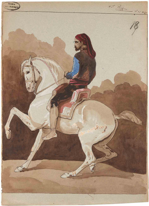 Sébastien Prichard, Equestrian Portrait of a Man in Oriental Costume, 1850s, Ink & Wash on Paper