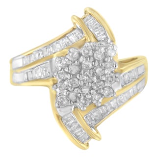 10K Yellow Gold Round and Baguette-Cut Diamond Bypass Cluster Ring (1.0 Cttw, I-J Color, I1-I2 Clarity) - Size 8 For Sale