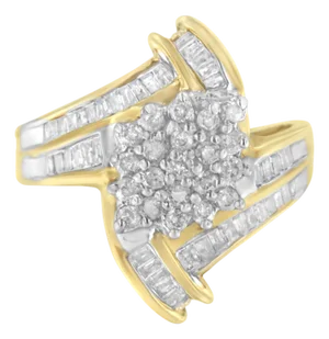 10K Yellow Gold Round and Baguette-Cut Diamond Bypass Cluster Ring (1.0 Cttw, I-J Color, I1-I2 Clarity) - Size 8
