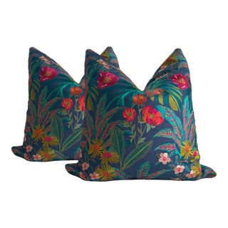 Teal Green Embroidered Sofa Pillows - a Pair For Sale