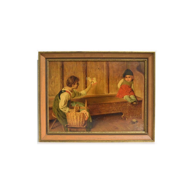 Mid Century Oil on Canvas Woman With Child and Lamb Toy 20" For Sale - Image 9 of 9