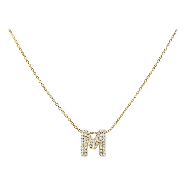 10K Yellow Gold Diamond Accent "M" Initial Bubble Pendant Necklace For Sale