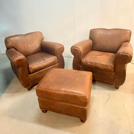 Mitchell Gold for Restoration Hardware Leather Club Chair Pair With Ottoman For Sale - Image 12 of 12