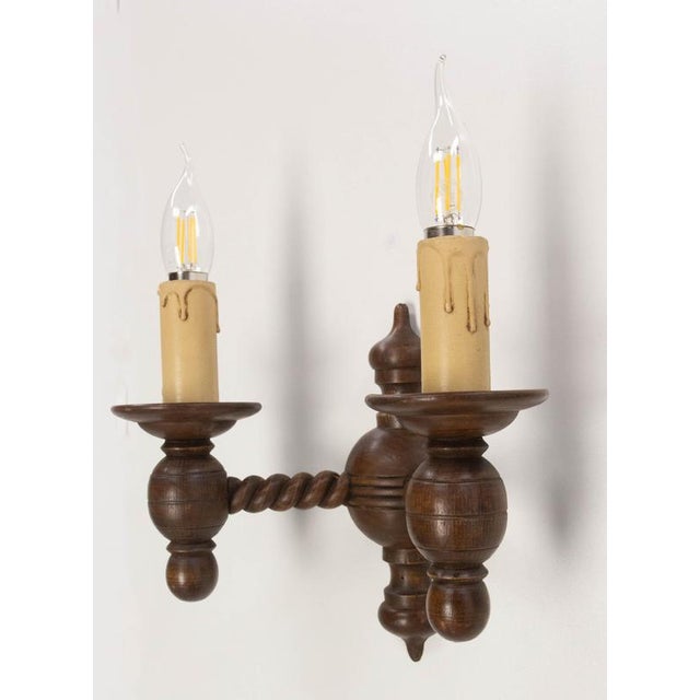 Wood Spanish Style Double Wall Sconces in Turned Beech, France, 1940s, Set of 2 For Sale - Image 7 of 9