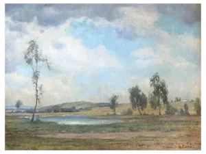 Ludwig Bürgel, Paysage de campagne et étang, Oil on Wood, Framed