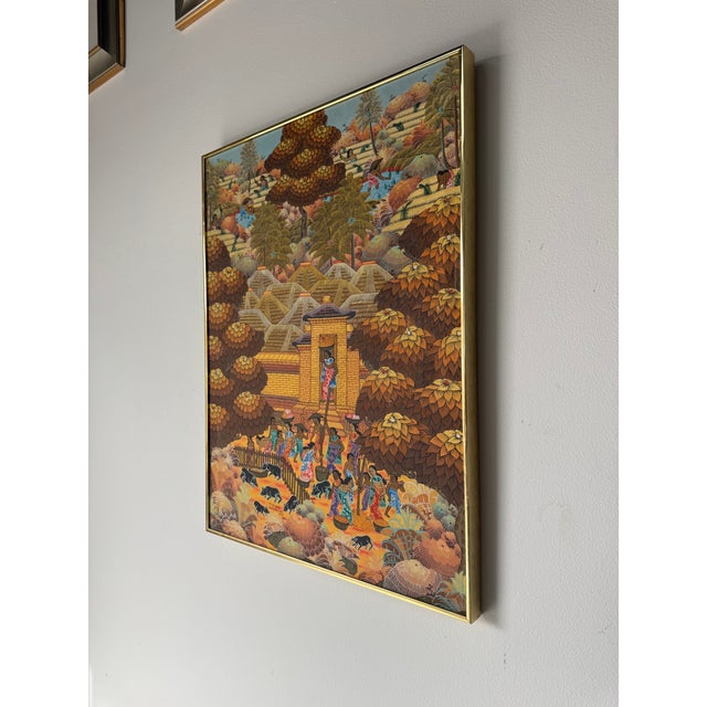 Beautiful and highly detailed Vintage Balinese Folk Art Oil Painting on Canvas, titled “Niwg Jagri Peneslanan Klod Ubud...