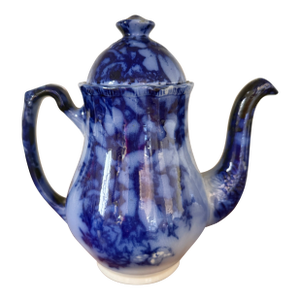 19th Century Flow Blue Tea Pot in Floral Pattern