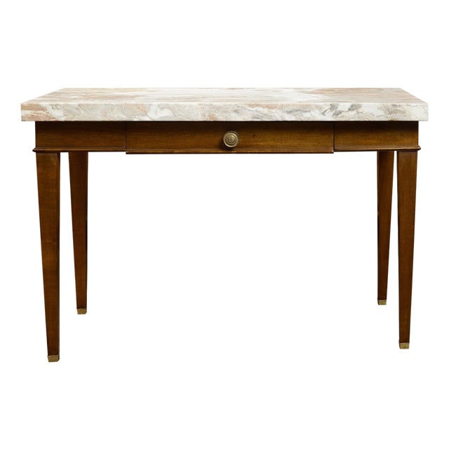 French 19th Century Walnut Table with Marble Top, Single Drawer and Tapered Legs For Sale
