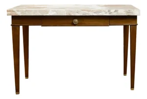 French 19th Century Walnut Table with Marble Top, Single Drawer and Tapered Legs