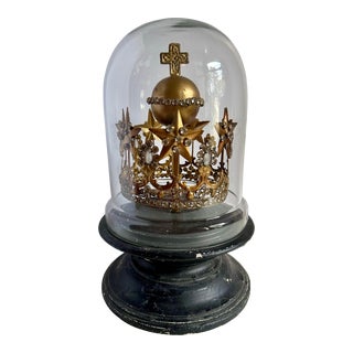 Antique French Jeweled Crown Under Glass Dome Cloche For Sale
