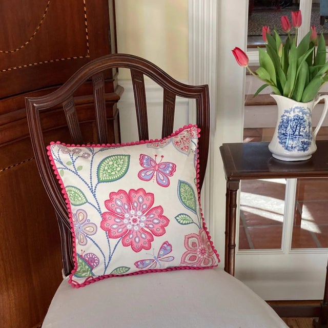 2020s Flower Power Pink and Green Square Designer Pillow With Down Feather Insert For Sale - Image 5 of 5