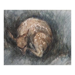 Contemporary Sleeping Fawn Watercolor Painting For Sale