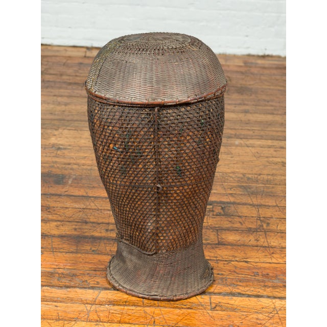 Wood Antique Farmer's Grain Basket with Iridescent Motifs and Weathered Appearance For Sale - Image 7 of 11