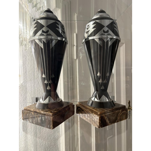 Art Deco Black and Silver Vases on Marble Bases, 1920s, Set of 2 For Sale - Image 4 of 5