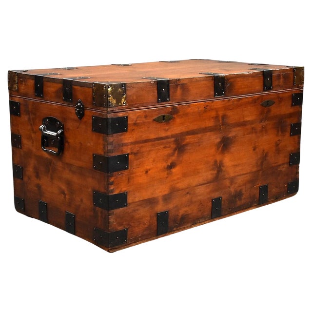Antique Iron Bound Pine Trunk, 1890s For Sale