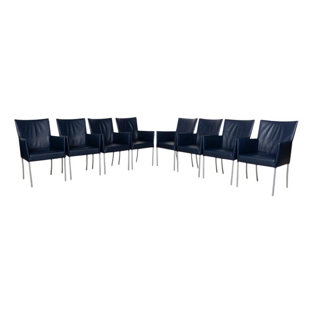 Arc-E Leather Blue Dining Room Chairs, Set of 8 For Sale